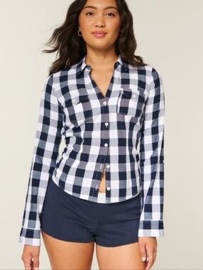 Hollister Oxford Icon Long Sleeve Shirt Navy Blue Check Plaid, Size Large